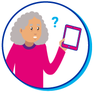 Pictogramme d'une vieille personne confrontée à une tablette numérique