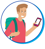Pictogramme d'un adolescent à cartable avec téléphone en main
