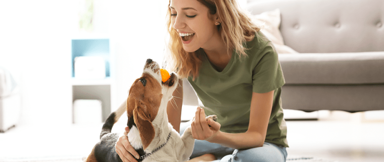 femme joue avec son chien